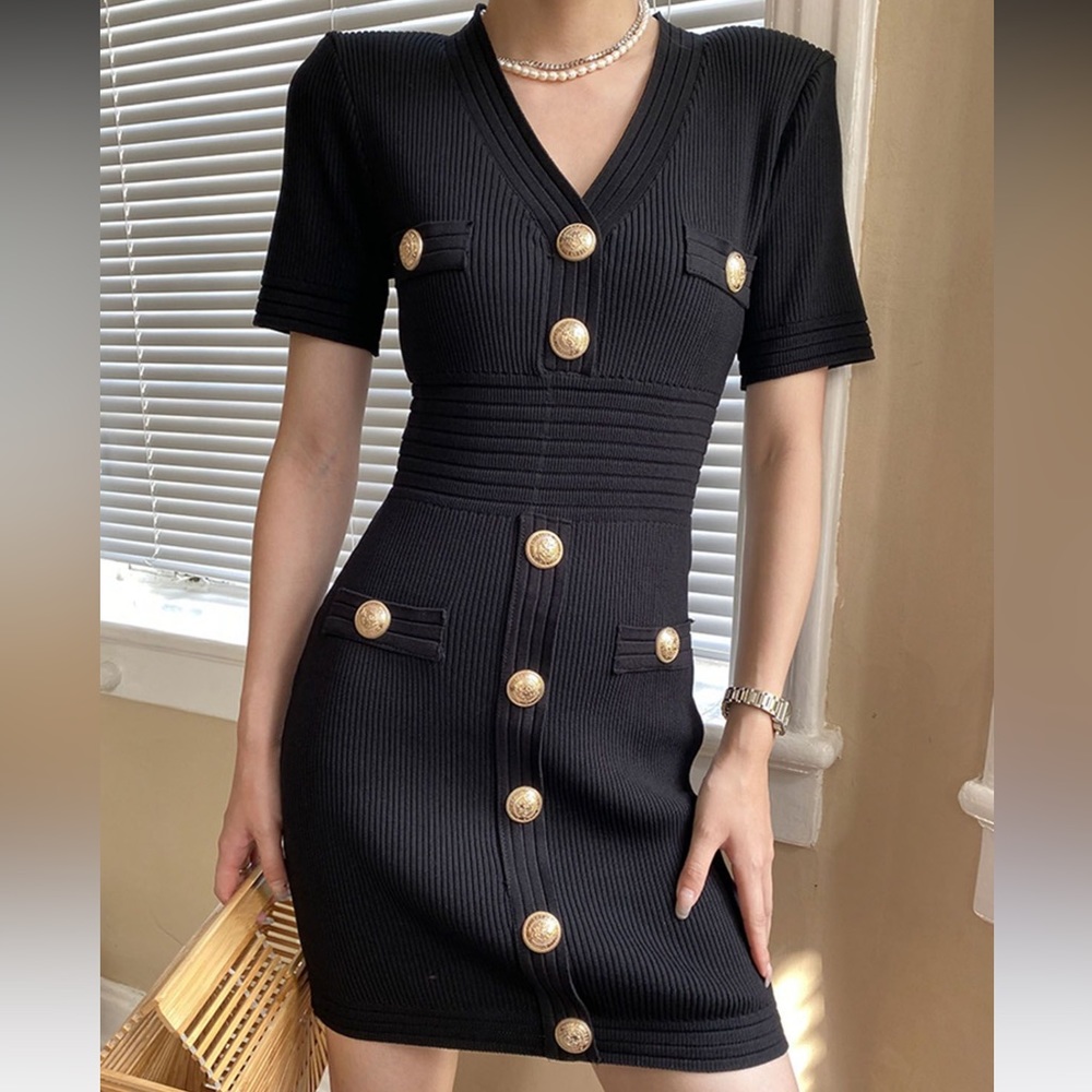 GOLDEN BUTTON EMBELLISHED V-NECK MINI DRESS SMALL size